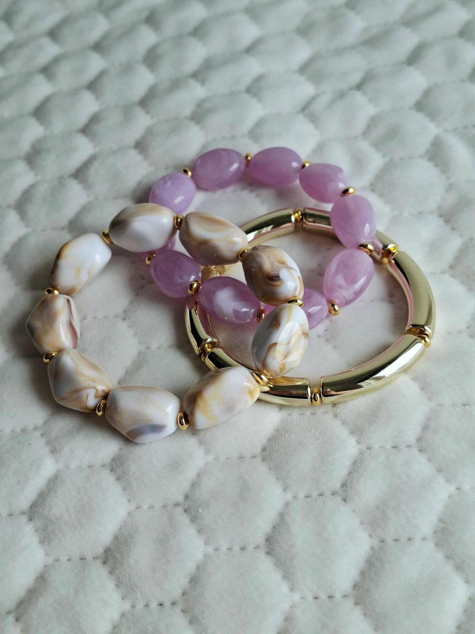 Bracelet set chunky beads purple gold beige cream – photo 2